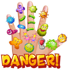 Word design for danger with virus cells on human hand