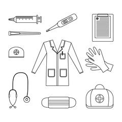 Set of medicine icons. Line art. Syringe for injection, needle, medical gloves, mask, medical gown, cap, stethoscope, thermometer, clipboard, bag, cross symbols. Design elements. Vector illustration.
