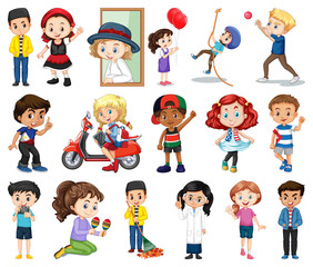 Large set of boys and girls doing different activity on white background