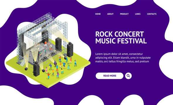 Music Festival Concept Landing Web Page 3d Isometric View. Vector