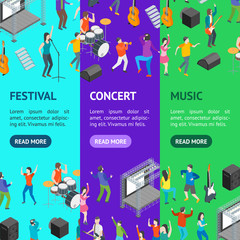 Music Festival Concept Banner Vecrtical Set 3d Isometric View. Vector