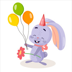 Vector flat birthday rabbit on white background. Cute bunny with flower and ballons.