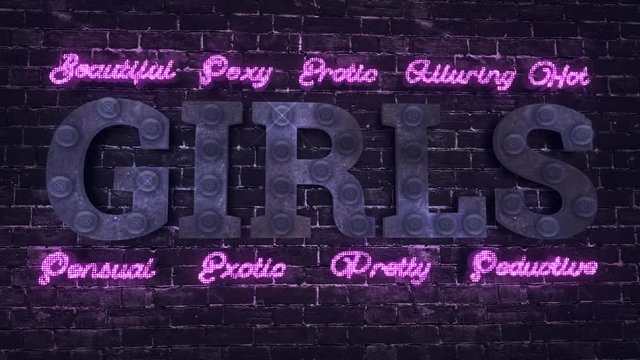 Realistic 3D render of a vivid and vibrant animated flashing led sign for an adult club depicting the words Girls, with a brick wall background