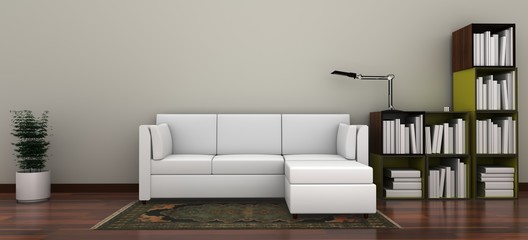 Salon avec canapé blanc et bibliothèque
