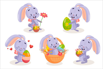 Vector flat easter set of cute rabbits . Set of bunnies on white isolated background.