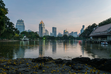 Business district with Bangkok skyline. Lumpini Park is a popular place for walks and sport activities.
