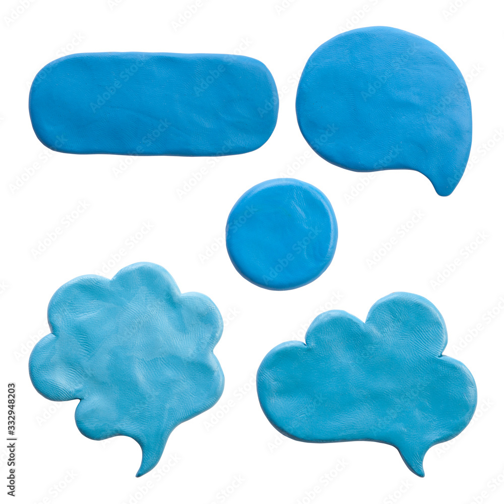 Fototapete clay putty, plasticine handmade shapes and badges templates. blue geometry objects, backgrounds for 