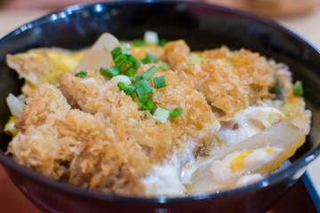 Tonkatsu pork tempura with egg and spring onion on top