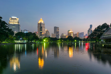 Business district with Bangkok skyline. Lumpini Park is a popular place for walks and sport activities.