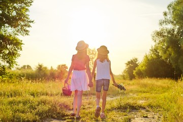 Two girls walking in summer meadow holding hands, back view