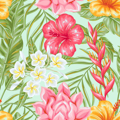 Seamless pattern with tropical flowers and leaves.