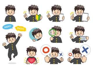 高校生の男子バリエーション　初心者マーク　スマートフォン　タブレット　虫眼鏡　クレジットカード　ハート　まるばつクイズ