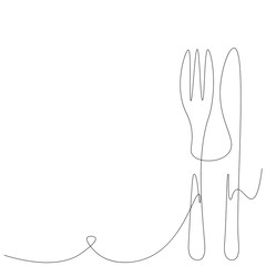 Fork and knife line drawing, vector illustration