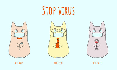 Vector illustration, the concept of the fight against coronavirus. Masked stylistically drawn cats. No inscription, no office work, no party.