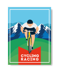 cycling racing poster with man in bike and landscape vector illustration design