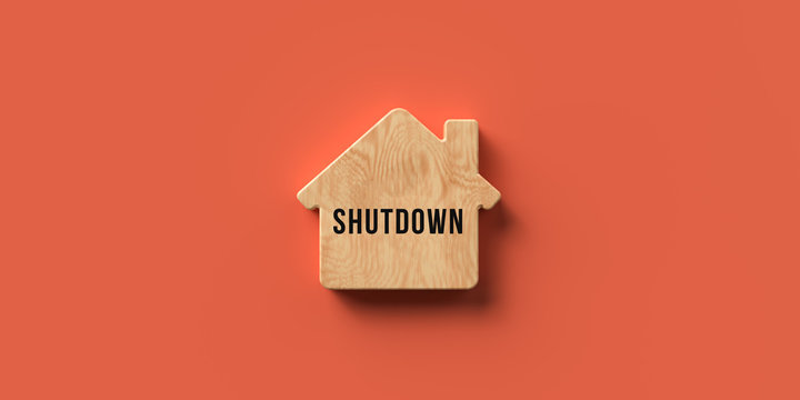wooden house symbol with text SHUTDOWN on orange background