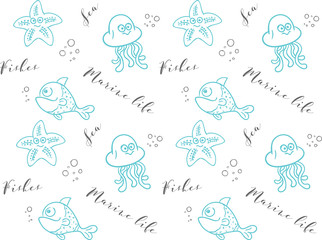 Seamless texture with draw fishes. Prints for textiles with sea inhabitants. Printing on fabric. Illustration for wallpaper for children.