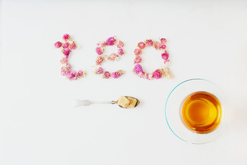 Cup of herbal tea. Food typography.