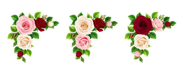 Vector set of pink, burgundy and white roses corner decorative elements isolated on a white background.