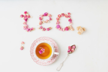 Obraz na płótnie Canvas Cup of herbal tea. Food typography.