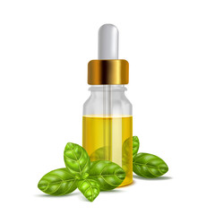 Basil Oil Bottle with Leaves in Realistic Style