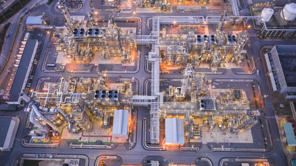 Aerial view of Oil refinery plant in twilight time, Petrochemical industry is important to the global economy.