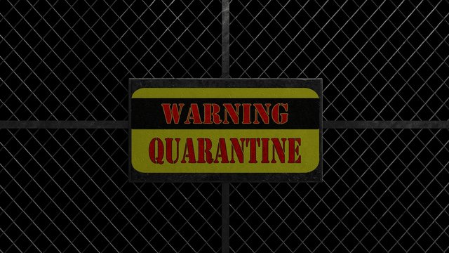 3d Illustration of iron gate with message "warning quarantine".