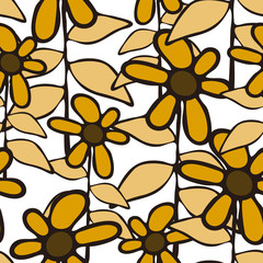 Seamless vector pattern with hand drawn flowers on white background. Floral rusty meadow wallpaper design with brown colours. Beautiful moody fashion style.