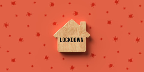 wooden house symbol with text LOCKDOWN on orange background with virus symbols