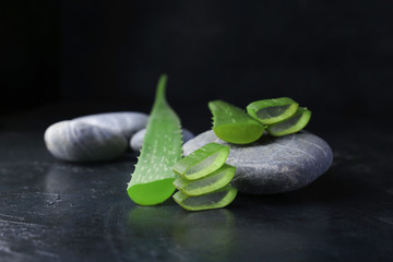 fresh aloe vera blower with spa stones on dark background