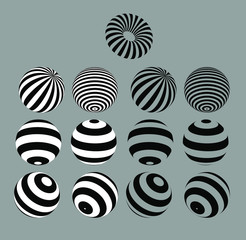 3D geometric striped rounded shape. Sphere. Illusion effect. The Ball. Black color. Stylised modern minimalistic graphic design. Decoration element. Vector EPS 10. 