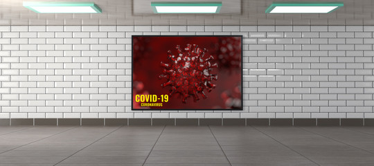 billboard ad with image of a virus in underground walkway