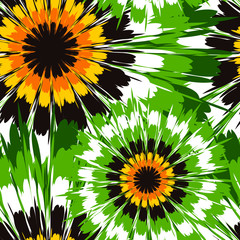 Seamless vector pattern with tie dye style sunflowers. Floral wallpaper design with abstract flowers. Beautiful background with green and yellow paint.