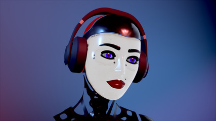 Cute cyber girl android artificial intelligence dj in headphones dancing on the catwalk in neon light. 3d rendering.