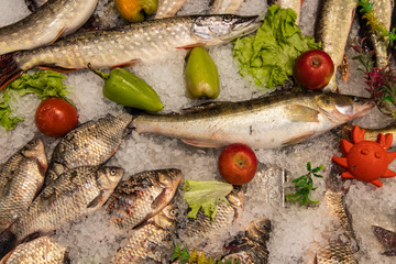 sea product frozen fish food shop counter showcase background