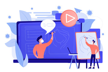 Online video learning how to draw a portrait. Education video, interactive learning during global covid-2019 pandemic, home schooling concept. Pink coral blue vector illustration on background