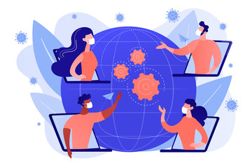 Covid-2019 quarantine business response concept illustration. Online business, social distance, online conference, preventive measures concept. Bright vibrant violet vector isolated illustration
