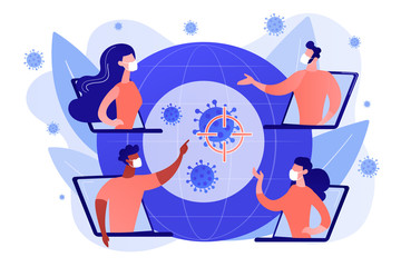 Covid-2019 global response concept illustration. International efforts, online medical conference, preventive measures, governmental control concept. Bright vibrant violet vector isolated illustration