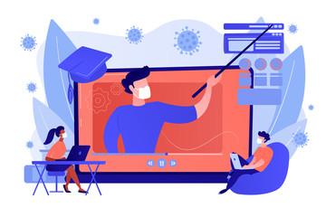 Internet education, remote website development school. Online workshop during global covid pandemic, home-schooling on self-isolation concept. Pinkish coral blue vector isolated illustration