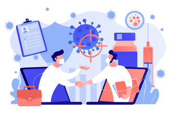 Covid-2019 vaccine research and trial concept. Coronavirus international healthcare system response, efforts, medical study, governmental control. Bright vibrant violet vector isolated illustration