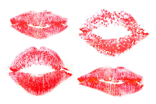 set of lipstick kiss imprint on white background.