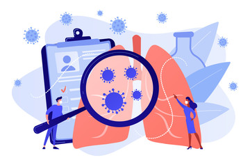 Coronavirus respiratory symptoms, virus spread in lungs. Cough, shortness of breath, positive covid-2019 test, hospital treatment. Lungs ventilation concept. Coral blue vector isolated illustration