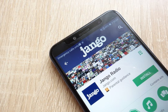 KONSKIE, POLAND - JUNE 17, 2018: Jango Radio app on Google Play Store website displayed on Huawei Y6 2018 smartphone