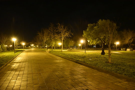 Night Illuminated Park in the City Near the Houses © FabriZiock