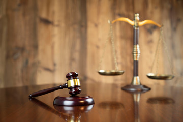 Lawyers office concept. Law symbols composition: scale and gavel.