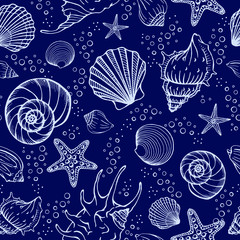 Seamless pattern with seashells, corals and starfishes. Marine background.  Perfect for greetings, invitations, manufacture wrapping paper, textile and web design.