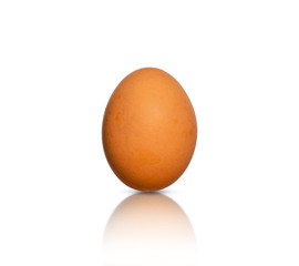 single chicken egg beautiful standing on white isolated background with clipping path and reflection. raw ingredient object.