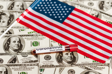 american flag and coronavirus blood sample on dollar banknotes, economic crisis concept
