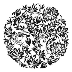 Beautiful classic black and white round pattern with leaves and flowers. Vector round print.