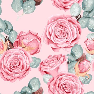 Vintage vector seamless pattern with pink roses